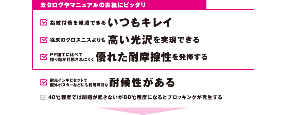 いつもキレイ・高い光沢を実現できる・優れた耐摩擦性を発揮する・耐候性がある　40℃程度では問題が起きないが80℃程度になるとブロッキングが発生する